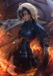 Rule 34 | 1girl, ahoge, armor, armored dress, black armor, black thighhighs, embers, fate/grand order, fate (series), fire, gauntlets, glowing, glowing eyes, highres, jeanne d&#039;arc (fate), jeanne d&#039;arc alter (avenger) (fate), jeanne d&#039;arc alter (fate), looking at viewer, parted lips, polearm, raikoart, revision, short hair, smile, smoke, solo, spear, sword, thighhighs, weapon, yellow eyes