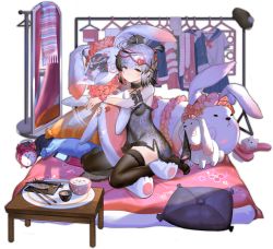 Rule 34 | 1girl, ahoge, alarm clock, ark order, arm cuffs, babydoll, bare shoulders, beret, black babydoll, black legwear, bowl, breasts, cellphone, chopsticks, clock, closed mouth, clothes hanger, unworn clothes, coat, facial hair, fish, flip phone, flower, food, fruit, full-length mirror, full body, grey hair, hair bobbles, hair ornament, hat, heart, hug, lace, lace-trimmed legwear, lace trim, lemon, looking at viewer, mirror, nail polish, official art, ookuninushi (ark order), phone, photo (object), pink flower, pink nails, plate, pout, pppppan, rice, scarf, school uniform, serafuku, sitting, slippers, unworn slippers, small breasts, solo, stuffed animal, stuffed rabbit, stuffed toy, table, transparent background, two side up, wariza, wrist flower, yakami hime (ark order), yellow eyes