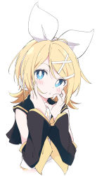 Rule 34 | 1girl, black sailor collar, blonde hair, blue eyes, blush, detached sleeves, hair ornament, hairband, hands up, head tilt, ixy, kagamine rin, looking at viewer, sailor collar, short hair, simple background, solo, upper body, vocaloid, white background, white hairband, x hair ornament