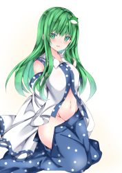 Rule 34 | 1girl, :d, bad id, bad pixiv id, bare shoulders, blue skirt, blush, breasts, clothes pull, commentary request, detached sleeves, gradient background, green eyes, green hair, groin, highres, kneeling, kochiya sanae, large breasts, long hair, looking at viewer, nanase nao, navel, open mouth, polka dot, shirt, simple background, skirt, skirt pull, smile, solo, touhou, white background, white shirt, wide sleeves