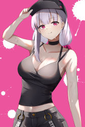 Rule 34 | 1girl, absurdres, alternate costume, asashin (asn), baseball cap, black hat, black tank top, breasts, fate/grand order, fate (series), grey hair, hat, highres, kama (fate), kama (tour outfit) (fate), large breasts, licking lips, long hair, low twintails, red eyes, smile, solo, tank top, tongue, tongue out, twintails, upper body