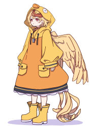 Rule 34 | 1girl, absurdres, animal, animal on head, bird, bird on head, bird tail, bird wings, blonde hair, blush stickers, boots, chick, commentary, feathered wings, full body, highres, hood, hoodie, kame (kamepan44231), long sleeves, looking away, multicolored hair, niwatari kutaka, on head, one-hour drawing challenge, parted lips, red eyes, red hair, shadow, short hair, simple background, solo, tail, touhou, two-tone hair, whistle, whistle around neck, white background, wings, yellow footwear, yellow hoodie, yellow wings