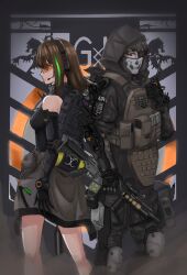 Rule 34 | absurdres, assault rifle, brown hair, exoskeleton, g&amp;k-cmdr, girls&#039; frontline, gun, highres, holding, holding gun, holding weapon, hood, m4 carbine, m4a1 (girls&#039; frontline), mask, red eyes, rifle, skull mask, tactical clothes, tom clancy&#039;s the division, weapon