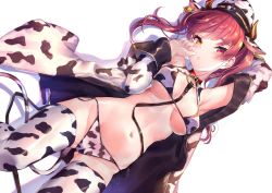 Rule 34 | 1girl, 2021, akasaai, animal ears, animal print, arm up, armpits, arrow through heart, bra, breasts, chinese zodiac, choker, covered erect nipples, cow ears, cow horns, cow print, cow tail, ear tag, groin, hat, heterochromia, highres, hololive, horns, houshou marine, jacket, long hair, long sleeves, looking at viewer, lying, medium breasts, medium hair, navel, o-ring, on side, open clothes, open jacket, panties, red choker, red eyes, red hair, side-tie panties, solo, tail, thighhighs, two side up, underboob, underwear, virtual youtuber, year of the ox, yellow eyes