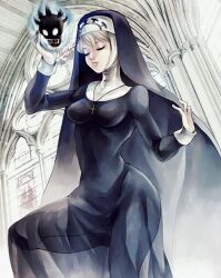 Rule 34 | 1girl, blonde hair, breasts, church, closed eyes, cowboy shot, cross, cross necklace, double (skullgirls), habit, highres, indoors, jewelry, medium breasts, necklace, nun, saichuu (more1208), see-through, skull heart, skullgirls, solo, stained glass, thick thighs, thighs, wide hips
