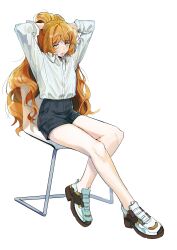 Rule 34 | 1girl, absurdres, alternate costume, blue pants, highres, ishmael (project moon), limbus company, long hair, orange hair, pants, project moon, shirt, simple background, thighs, vvindyday, white background, white shirt, yellow eyes