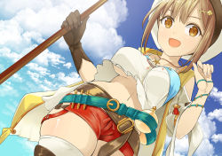 Rule 34 | 1girl, atelier (series), atelier ryza, atelier ryza 1, bad id, bad pixiv id, belt, breasts, brown eyes, brown hair, cloud, commentary request, day, from below, gloves, hair ornament, hairclip, hat, jewelry, large breasts, looking at viewer, navel, necklace, open mouth, outdoors, red shorts, reisalin stout, short hair, short shorts, shorts, smile, solo, star (symbol), thighhighs, white hat, white thighhighs, yoikorogashi