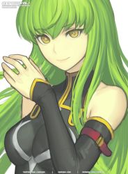 Rule 34 | 1girl, breasts, c.c., closed mouth, code geass, detached sleeves, gofelem, green hair, long hair, long sleeves, looking at viewer, simple background, smile, solo, watermark, white background, yellow eyes