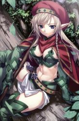 Rule 34 | 00s, 1girl, abs, absurdres, alleyne (queen&#039;s blade), alleyne (queen's blade), belt, beret, blonde hair, blue eyes, boots, braid, breasts, cape, cleavage, elbow gloves, elf, fighting master alleyne, gloves, green footwear, hat, highres, large breasts, long hair, matsuryuu, midriff, pointy ears, queen&#039;s blade, side braid, sitting, skirt, solo, thighhighs, tree