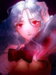Rule 34 | 1girl, bad id, bad pixiv id, black background, blood, bloody weapon, foreshortening, hair between eyes, hand in own hair, hatchet, head tilt, highres, looking at viewer, nata (tool), sakata nemuno, silver hair, simple background, solo, swept bangs, touhou, upper body, weapon