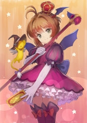 Rule 34 | 1girl, antenna hair, bat wings, bow, brown hair, card, cardcaptor sakura, clow card, crown, dress, elbow gloves, frilled dress, frills, fuuin no tsue, gloves, green eyes, hair bobbles, hair ornament, halloween, hat, head tilt, head wings, juliet sleeves, kero (cardcaptor sakura), kinomoto sakura, long sleeves, looking at viewer, meto31, mini crown, puffy sleeves, red bow, short hair, single head wing, smile, star (symbol), thighhighs, wand, white gloves, wings, witch hat, zettai ryouiki