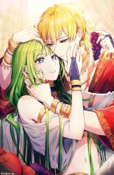 Rule 34 | 1boy, 1other, androgynous, apple, arabian clothes, armlet, artist name, backlighting, bare shoulders, basket, blonde hair, blush, bracelet, bridal gauntlets, closed mouth, clothing cutout, collarbone, curtains, earrings, ede, enkidu (fate), eye contact, eyelashes, fate/grand order, fate (series), fingernails, food, fruit, gem, gilgamesh (fate), glint, gold earrings, gold necklace, gold trim, grapes, green eyes, green hair, hair between eyes, hand on another&#039;s cheek, hand on another&#039;s face, hands up, highres, holding, holding food, holding fruit, indoors, jewelry, long hair, looking at another, male focus, midriff, multiple rings, navel, neck ring, necklace, parted lips, red eyes, red gemstone, red robe, ring, robe, short hair, shoulder cutout, sidelocks, sitting, smile, stomach, teeth, thumb ring, twitter username, upper body, very long hair, wide sleeves