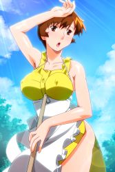 Rule 34 | 1girl, apron, arm up, breasts, brown eyes, brown hair, covered erect nipples, cowboy shot, day, large breasts, lens flare, light rays, non-web source, official art, open mouth, outdoors, photoshop (medium), shiny skin, short hair, solo, super real mahjong, sweat, tanaka ryou, toyohara etsuko, white apron