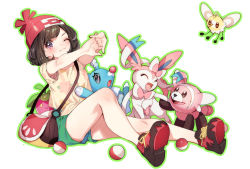 Rule 34 | 1girl, armpit peek, arms up, bag, beanie, black eyes, black hair, blush, bounsweet, brionne, closed eyes, creatures (company), cutiefly, fang, female focus, full body, game freak, gen 6 pokemon, gen 7 pokemon, green shorts, grey eyes, happy, hat, highres, knee up, looking at viewer, nintendo, one eye closed, open mouth, outline, outstretched arms, own hands together, poke ball, poke ball (basic), poke ball theme, pokemon, pokemon (creature), pokemon sm, red hat, selene (pokemon), shirt, short hair, short shorts, short sleeves, shorts, simple background, sitting, smile, stretching, stufful, sylveon, tied shirt, white background, wink, yellow eyes, yellow shirt, zuizi