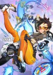 Rule 34 | 1girl, arm up, ass, bodysuit, bomber jacket, breasts, brown eyes, brown hair, character name, chest harness, dual wielding, gloves, goggles, gun, handgun, harness, highres, holding, holding weapon, jacket, looking at viewer, mhk (mechamania), overwatch, overwatch 1, short hair, skin tight, smile, solo, spiked hair, tracer (overwatch), weapon
