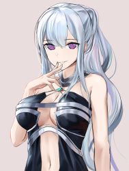 Rule 34 | 1girl, absurdres, ak-12 (girls&#039; frontline), ak-12 (quiet azure) (girls&#039; frontline), bare shoulders, breasts, cleavage, dress, finger to mouth, girls&#039; frontline, hair ornament, highres, jewelry, long hair, looking at viewer, medium breasts, navel, necklace, official alternate costume, purple eyes, rivet (vvrn2825), silver hair, simple background, smile, solo