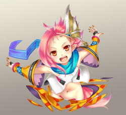 Rule 34 | 1girl, ar nosurge, arms at sides, artist request, cropped legs, detached sleeves, fang, female focus, gradient background, hair ornament, highres, long hair, looking at viewer, lowleg, nail art, nail polish, navel, ntny, official art, open mouth, pink hair, pointy ears, prim (surge concerto), red eyes, simple background, solo, surge concerto