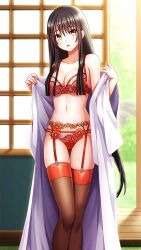 Rule 34 | 1girl, black hair, blush, bra, breasts, brown thighhighs, cleavage, collarbone, doukyuusei, doukyuusei another world, floral print, game cg, garter belt, hair between eyes, lingerie, long hair, looking at viewer, medium breasts, open mouth, panties, print bra, print panties, red bra, red panties, solo, standing, thigh gap, thighhighs, todo aoi, underwear, underwear only, undressing, very long hair, yellow eyes