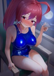 1girl ahoge blue_one-piece_swimsuit blush breasts chair choko_(cup) cleavage cup dorachan_r hair_ribbon highres holding holding_cup i-168_(kancolle) kantai_collection large_breasts long_hair looking_at_viewer moon night nose_blush off_shoulder one-piece_swimsuit ponytail red_eyes red_hair ribbon school_swimsuit sitting solo swimsuit wakamezake window