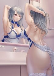 Rule 34 | 1girl, absurdres, armpits, ass, azur lane, back, breasts, cleavage, dress, evening gown, grey hair, hand in own hair, highres, indoors, large breasts, mirror, red eyes, reflection, saint-louis (azur lane), saint-louis (holy knight&#039;s resplendence) (azur lane), sleeveless, sleeveless dress, standing, syu.mu, white dress