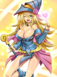 Rule 34 | 1girl, ;d, bare shoulders, blonde hair, blue footwear, blush stickers, boots, breasts, choker, cleavage, collarbone, dark magician girl, duel monster, green eyes, hat, heart, highres, index finger raised, large breasts, long hair, looking at viewer, one eye closed, open mouth, pentacle, shiny skin, smile, solo, staff, takecha, very long hair, wizard hat, yu-gi-oh!, yu-gi-oh! duel monsters