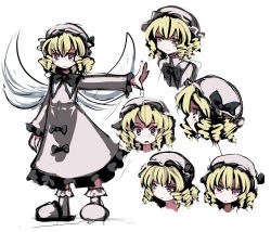 Rule 34 | 1girl, blonde hair, blush, character sheet, dress, drill hair, eastern and little nature deity, female focus, gatau, hat, lowres, luna child, short hair, touhou, wings