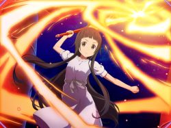 Rule 34 | 1girl, arm up, black hair, blunt bangs, brown eyes, closed mouth, dress, fire, floating hair, frown, game cg, grey dress, grey ribbon, holding, holding sword, holding weapon, long hair, looking at viewer, outstretched arm, pyrokinesis, short sleeves, solo, standing, straight hair, sword, sword art online, sword art online: alicization rising steel, very long hair, weapon, yui (sao)