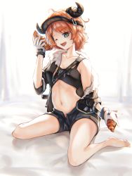 Rule 34 | 1girl, ahoge, arknights, bare legs, barefoot, black hat, black jacket, blue shorts, breasts, cleavage, croissant, croissant (arknights), eyyy, fang, food, fur-trimmed jacket, fur trim, gloves, green eyes, hat, highres, horns, jacket, looking at viewer, midriff, navel, off shoulder, one eye closed, open fly, open mouth, orange hair, parted bangs, short hair, short shorts, shorts, shoulder strap, sitting, sleeveless, small breasts, smile, solo, strapless, thighs, tube top, unbuttoned, visor cap, wariza, white background, white gloves