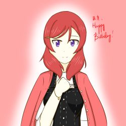 Rule 34 | 1girl, artist name, artist request, black pants, blush, bracelet, clenched hand, collarbone, female focus, hair between eyes, hair ornament, hairclip, jacket, jewelry, looking at viewer, love live!, love live! school idol festival, love live! school idol project, necklace, nishikino maki, pants, parted lips, puffy short sleeves, puffy sleeves, purple eyes, red background, red hair, red jacket, shirt, short hair, short sleeves, slime12321, smile, solo, white shirt