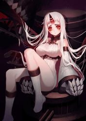 Rule 34 | 10s, 1girl, absurdres, abyssal ship, bare shoulders, breasts, claws, commentary request, detached sleeves, dress, highres, horns, kantai collection, large breasts, long hair, qiongsheng, red eyes, ribbed dress, seaport princess, seaport water oni, short dress, single horn, sitting, solo, teeth, very long hair, white dress, white hair