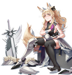 Rule 34 | 1girl, absurdres, animal ears, arknights, armor, black thighhighs, blemishine (arknights), blonde hair, blush, breasts, commentary request, cy9, extra ears, fingerless gloves, full body, gloves, highres, horse ears, horse girl, horse tail, long hair, looking at viewer, medium breasts, ponytail, sideboob, simple background, sitting, sleeveless, smile, solo, sword, tail, thighhighs, weapon, white background, yellow eyes