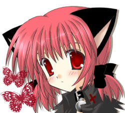 Rule 34 | angry, animal ears, blush, bug, butterfly, cat ears, goth fashion, insect, lowres, nekoneko, ponytail, red hair, ribbon, solo