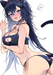Rule 34 | 1girl, :d, alternate costume, animal ears, arknights, ass, black choker, blaze (arknights), blue bra, blue eyes, blue hair, blue panties, bra, breasts, cat cutout, cat ears, cat lingerie, cat tail, choker, cleavage, cleavage cutout, clothing cutout, commentary, highres, kyuu (plastic night q), large breasts, long hair, looking at viewer, meme attire, open mouth, panties, side-tie panties, simple background, smile, solo, spoken blush, symbol-only commentary, tail, underwear, white background