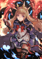 Rule 34 | 1girl, black footwear, black gloves, black thighhighs, blonde hair, blunt bangs, book, boots, bow, bowtie, cagliostro (dark) (granblue fantasy), cagliostro (granblue fantasy), cowboy shot, deras, dress, gloves, granblue fantasy, hairband, holding, holding book, long hair, looking at viewer, parted lips, pointing, pointing at viewer, purple eyes, red bow, red bowtie, short sleeves, smile, solo, standing, thigh boots, thighhighs