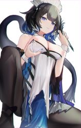 Rule 34 | 1girl, absurdres, arknights, bare shoulders, black hair, black pantyhose, blue dress, blue eyes, blue hair, breast hold, breasts, closed mouth, detached sleeves, dress, duster, feather duster, feet out of frame, highres, kjera (arknights), kjera (ingenious servant) (arknights), lactation, large breasts, long sleeves, looking at viewer, maid, maid headdress, mizuhashi parusui, multicolored hair, nail polish, nipple slip, nipples, official alternate costume, pantyhose, short hair, simple background, solo, spread legs, squatting, strapless, strapless dress, tail, two-tone dress, white background, white dress, white hair, wide sleeves, wrist cuffs