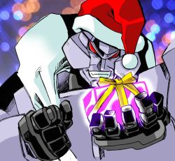 Rule 34 | 1boy, box, christmas, decepticon, gift, gift box, gradient background, grin, hat, male focus, megatron, no pupils, non-humanoid robot, presenting, red eyes, robot, sack, santa hat, smile, solo, transformers, transformers: generation 1, tsushima naoto