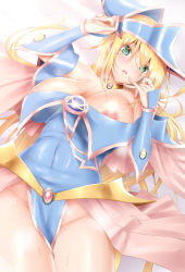 Rule 34 | 1girl, absurdres, bare shoulders, blonde hair, blue headwear, blush, blush stickers, breasts, calcio, cleavage, dark magician girl, duel monster, finger to mouth, green eyes, hair between eyes, hat, highres, large breasts, long hair, looking at viewer, nipple slip, nipples, wizard hat, yu-gi-oh!