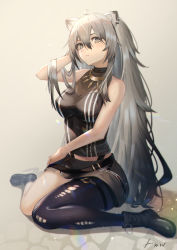 Rule 34 | 1girl, absurdres, ahoge, animal ears, bare shoulders, boots, breasts, cleavage, earrings, fur trim, grey eyes, grey hair, hair between eyes, hand in own hair, highres, hololive, ioriwu8, jewelry, large breasts, lion ears, long hair, looking at viewer, necklace, parted lips, see-through, see-through cleavage, shirt, shishiro botan, shishiro botan (1st costume), single leg pantyhose, sitting, skirt, sleeveless, sleeveless shirt, solo, thighs, torn clothes, torn legwear, virtual youtuber, wariza