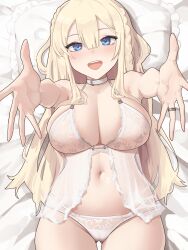 Rule 34 | 1girl, :d, absurdres, blonde hair, blue eyes, blush, braid, breasts, closed mouth, dress, from above, gloomyowl, goddess of victory: nikke, hair between eyes, highres, large breasts, lingerie, long hair, lying, navel, on back, on bed, open mouth, panties, reaching, reaching towards viewer, see-through, see-through dress, sidelocks, smile, solo, tove (nikke), underwear, white dress, white panties