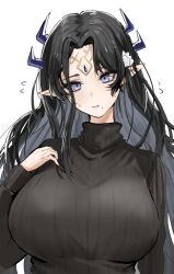 Rule 34 | 1girl, arknights, black sweater, blue eyes, breasts, flying sweatdrops, forehead jewel, hand on own chest, highres, horn/wood, horns, large breasts, long hair, looking at viewer, mole, mole under mouth, pointy ears, simple background, solo, sweater, tattoo, valarqvin (arknights), very long hair, white background