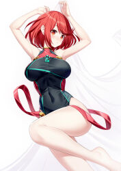 Rule 34 | 1girl, armpits, arms up, bare arms, bare shoulders, barefoot, blush, breasts, competition swimsuit, covered navel, highres, large breasts, looking at viewer, one-piece swimsuit, parted lips, pyra (xenoblade), red eyes, red hair, ririko (zhuoyandesailaer), short hair, simple background, solo, swimsuit, thighs, white background, xenoblade chronicles (series), xenoblade chronicles 2