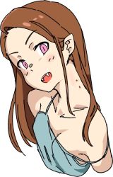 Rule 34 | 1girl, :d, bare shoulders, bite mark, blush, breasts, brown hair, fangs, idolmaster, idolmaster (classic), long hair, looking at viewer, minase iori, momo no suidou-sui, open mouth, pink eyes, simple background, small breasts, smile, solo, strap slip, vampire, white background