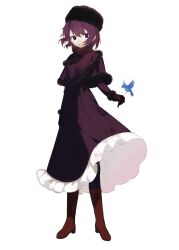 Rule 34 | 1girl, bird, black coat, black eyes, blue bird, boots, capelet, coat, expressionless, full body, fur-trimmed capelet, fur hat, fur trim, gloves, hat, highres, kuonji alice, looking at viewer, mahou tsukai no yoru, parted lips, purple hair, shikkuro69, short hair, simple background, solo, white background