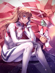 Rule 34 | 1girl, artist request, ass, blue eyes, bodysuit, breasts, brown hair, eva 02, evangelion: 3.0+1.0 thrice upon a time, expressionless, floating hair, heterochromia, highres, interface headset, long hair, looking at viewer, mecha, medium breasts, neon genesis evangelion, plugsuit, rebuild of evangelion, robot, shiny clothes, sitting, skin tight, solo, souryuu asuka langley, white bodysuit