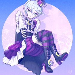 Rule 34 | 1girl, androgynous, bad id, bad twitter id, black footwear, black gloves, crescent, frilled shirt, frills, full body, gloves, green eyes, grey hair, hair between eyes, hat, high heels, idol clothes, knees up, looking at viewer, mdr onj1807, mini hat, pretty series, pripara, purple hat, purple shorts, reverse trap, shikyoin hibiki, shirt, short hair, shorts, sitting, solo, striped clothes, striped thighhighs, thighhighs, white shirt