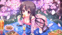 Rule 34 | 1girl, all fours, ass, bento, black hair, blanket, bottle, breasts, checkerboard cookie, cherry blossoms, cleavage, collarbone, cookie, cup, downblouse, eating, film grain, floral print, food, food request, from above, game cg, grass, hanami, ichikishima mizuha, izumi tsubasu, juice, large breasts, lens flare, long hair, long sleeves, looking at viewer, napkin, night, non-web source, official art, open clothes, open shirt, orange juice, outdoors, picnic, pink shirt, pink skirt, plate, print skirt, purple hair, purple shirt, re:stage!, shirt, single off shoulder, skirt, solo, sparkle, straight hair, sushi, thighhighs, tree, unbuttoned, water, white thighhighs