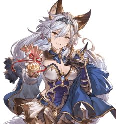 Rule 34 | 1girl, animal ears, brown eyes, earrings, gauntlets, gloves, granblue fantasy, hairband, heles, jewelry, long hair, minaba hideo, official art, silver hair, transparent background, very long hair, white background
