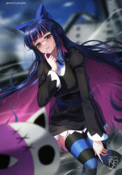 Rule 34 | 1girl, absurdres, artist name, black dress, black hair, blue bow, blue ribbon, blunt bangs, blurry, blurry background, bow, collared shirt, colored inner hair, commentary, dress, english commentary, gothic lolita, hair bow, hand up, highres, honekoneko (psg), knightfang, lolita fashion, long hair, looking at viewer, multicolored hair, panty &amp; stocking with garterbelt, pink hair, ribbon, shirt, solo, stocking (psg), streaked hair, striped clothes, striped thighhighs, thighhighs, twitter username, watermark, white shirt