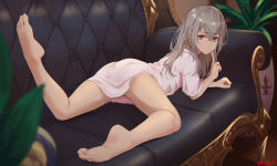 Rule 34 | 1girl, barefoot, couch, feet, female focus, finger to mouth, full body, highres, inui sajuna, light brown hair, long hair, looking at viewer, looking back, lying, nev (nevblindarts), on stomach, pink eyes, shushing, soles, solo, sono bisque doll wa koi wo suru, toes