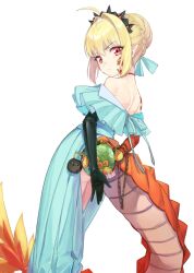 Rule 34 | 1girl, ahoge, back, bare shoulders, black gloves, blonde hair, blue dress, blue ribbon, braid, breasts, coffeekite, covering ass, covering privates, dragon tail, dress, elbow gloves, facial mark, fate/grand order, fate (series), french braid, gloves, hair bun, hair intakes, hair ribbon, highres, long hair, looking at viewer, looking back, nero claudius (fate), nero claudius (fate) (all), off shoulder, pointy ears, queen draco (fate), red eyes, ribbon, scales, single glove, small breasts, smile, tail, tiara